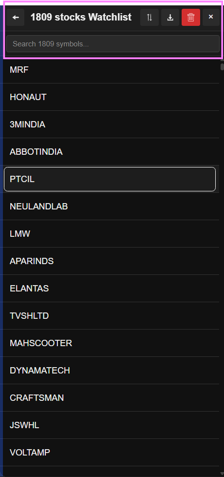 Watchlist handling 1,809 stocks with search filtering