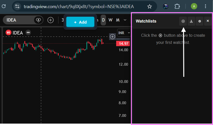 Plus icon to create a watchlist in TradingView sidebar