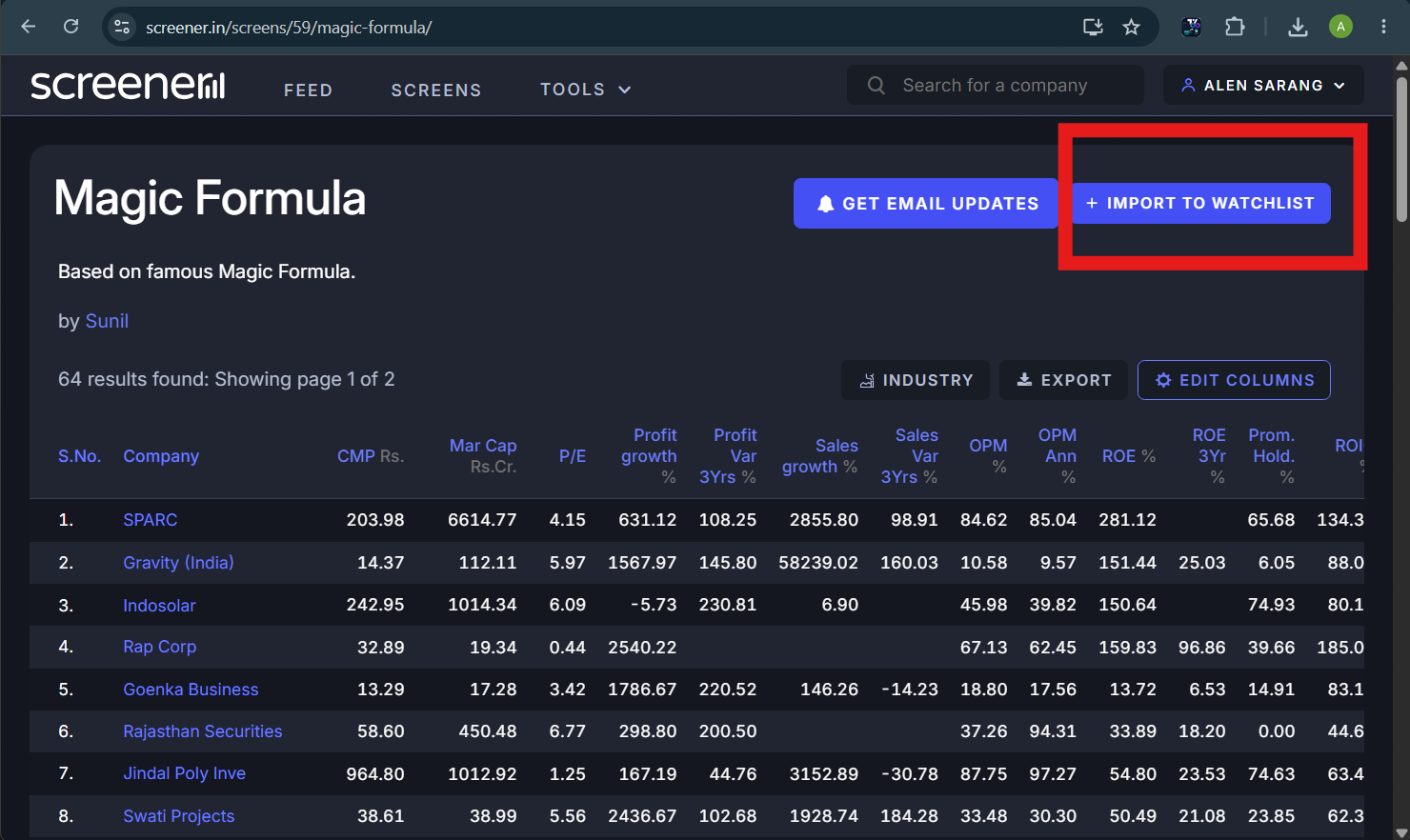 1-Click Import button on Screener.in screens table