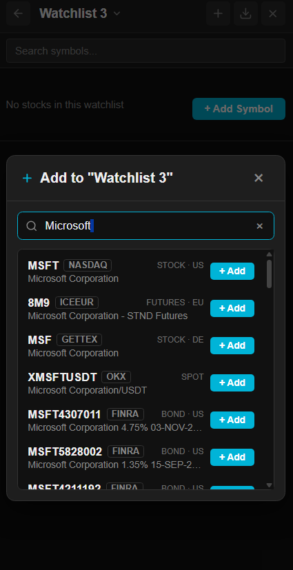Add to Watchlist search modal with live global market suggestions and + Add button