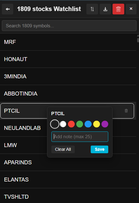 Right-click menu: 6 color dots, notes, and trash