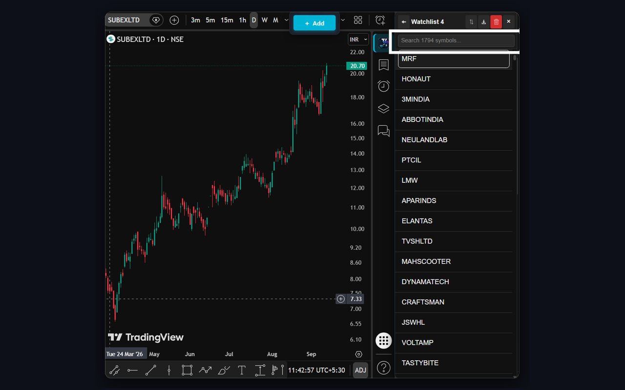 Stocks view inside watchlist docked to chart