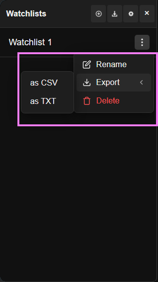 Watchlist menu with export format options