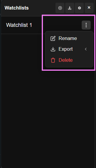 Watchlist options menu: Rename, Export, Delete